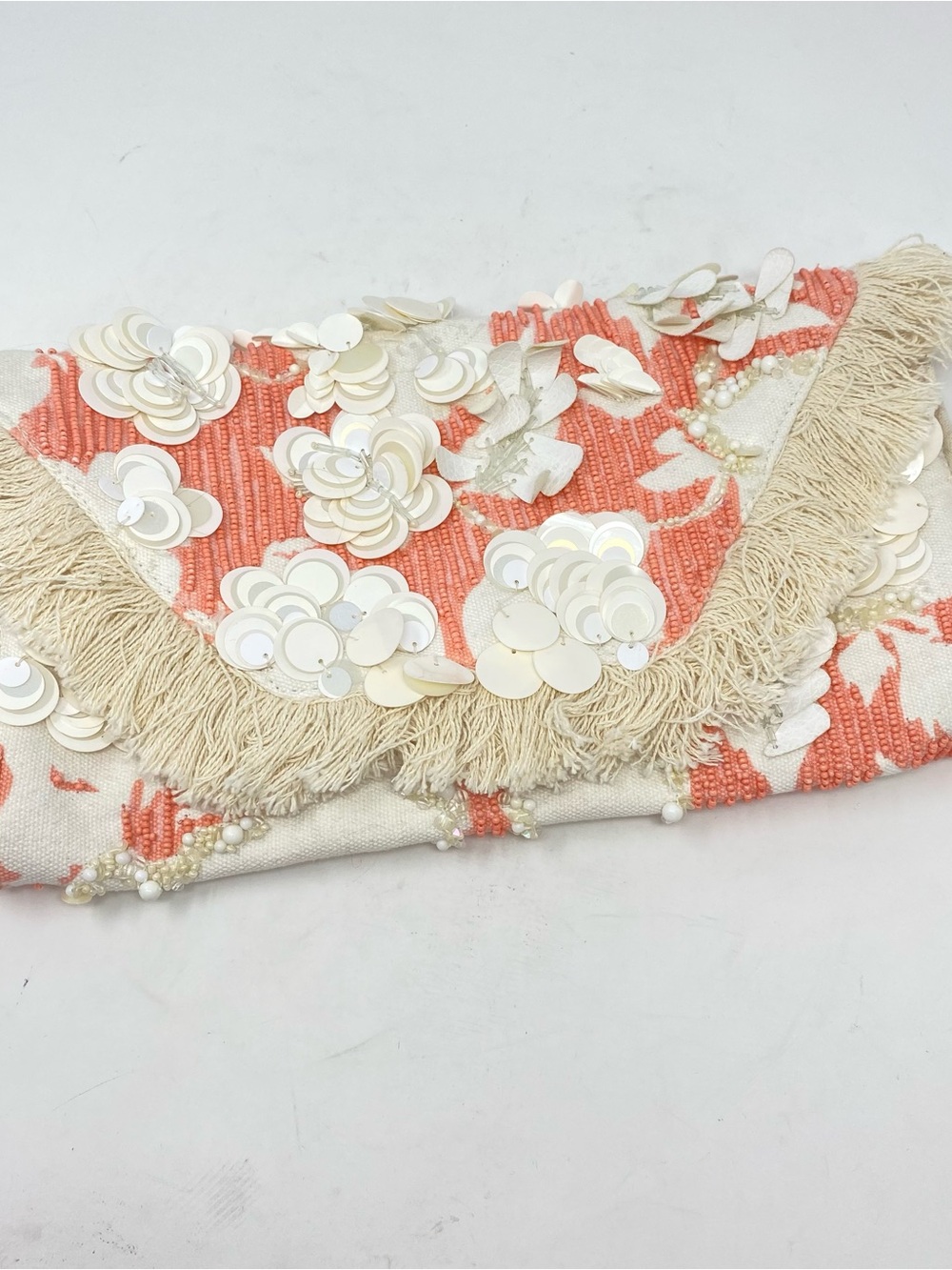 Anthropologie Celia Peach and Ivory Embellished Beaded Floral Fringe Clutch